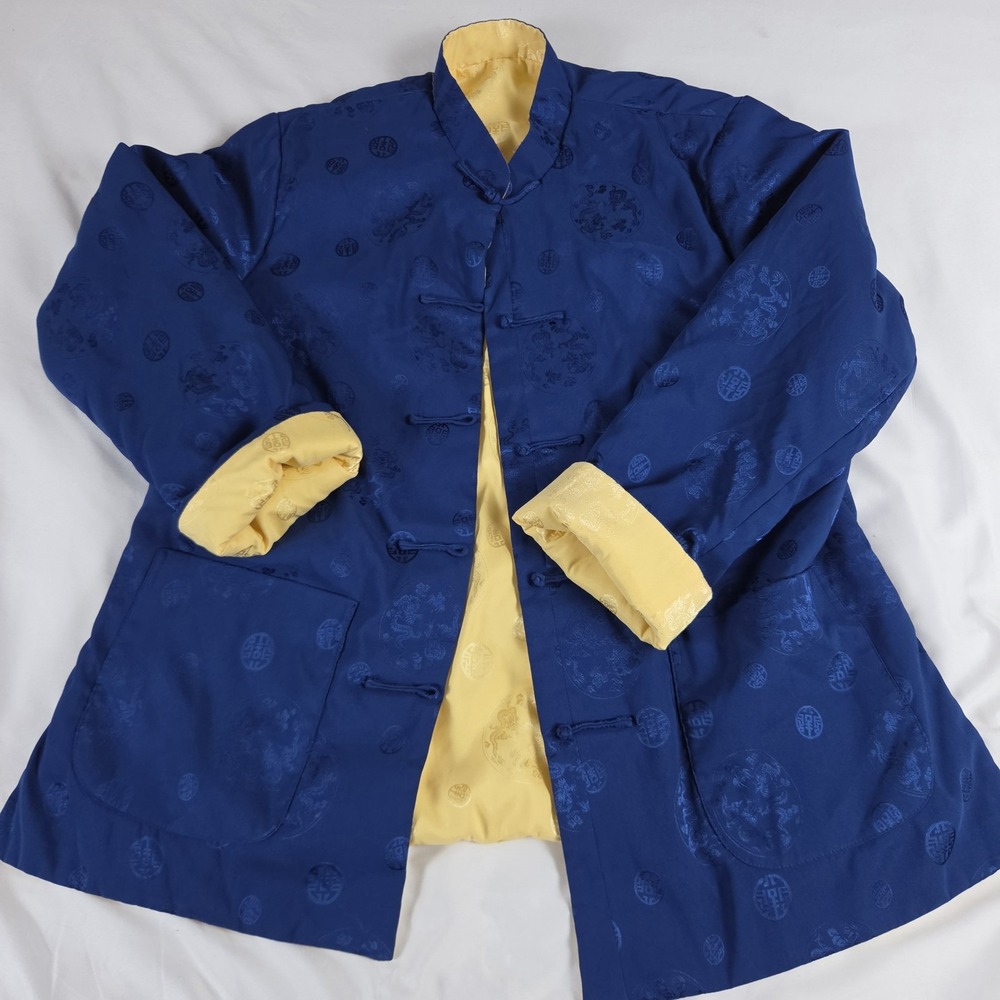 Reversible Chinese Tang Jacket Padded Blue & Gold Frog Closures Size